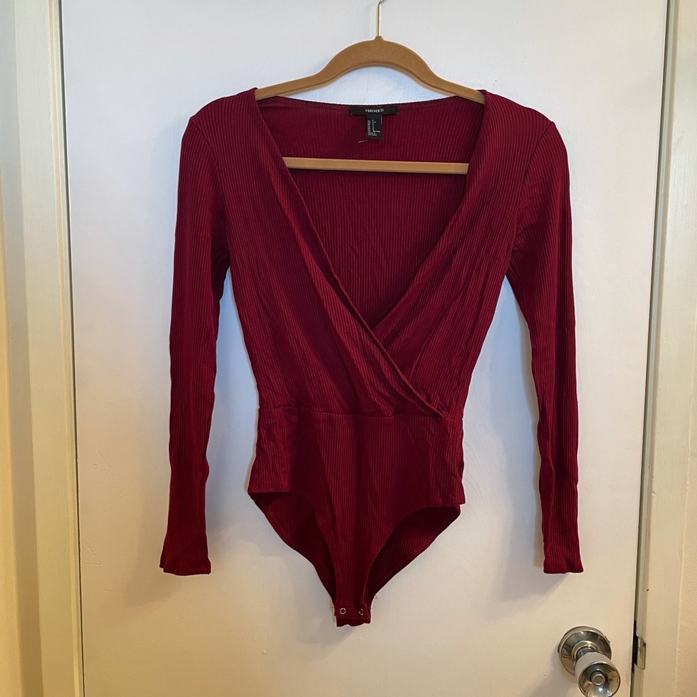 Maroon Ribbed Long Sleeve Clasp Bodysuit